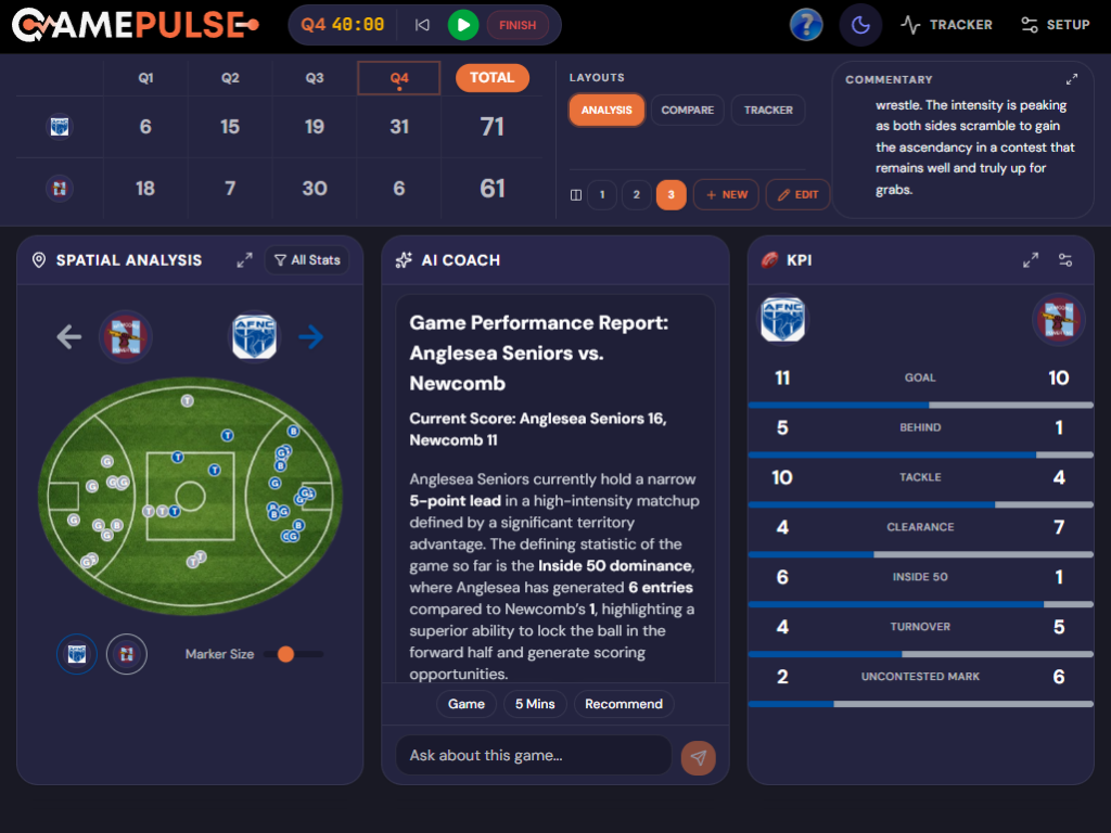 AI Coach analysis showing insight cards and tactical suggestions