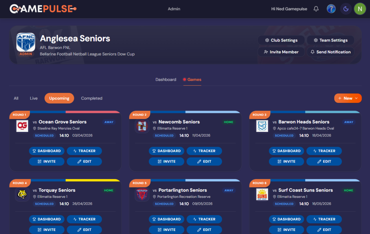 Club management page with team list and admin controls